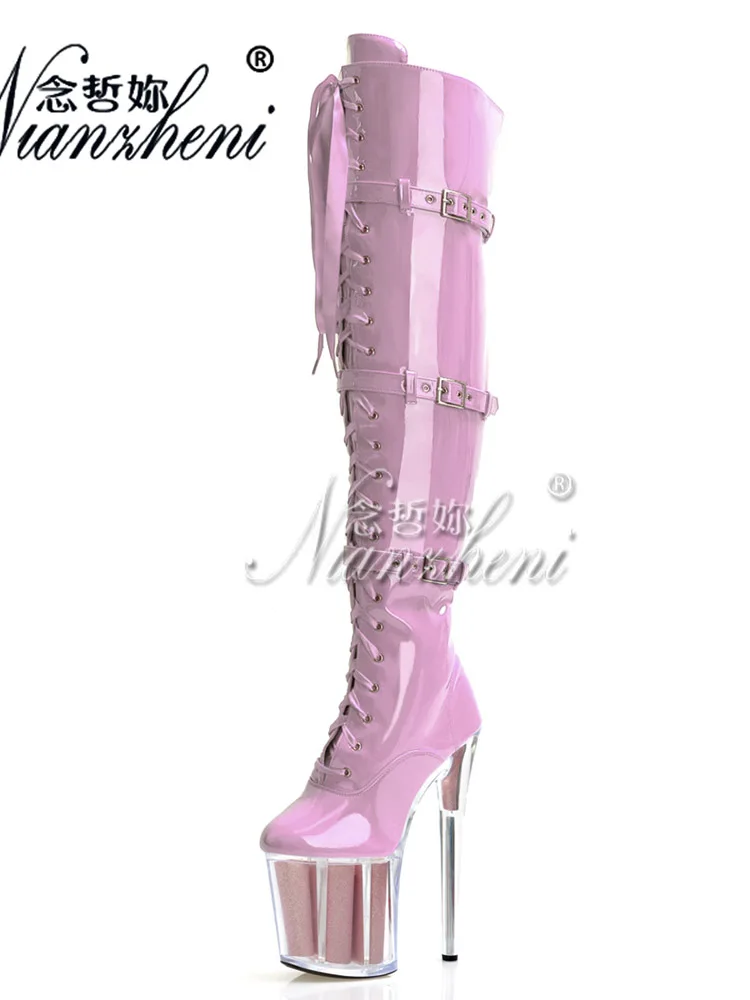 Round Toe 20cm Belt Buckle Sexy Fetish Gothic Pole Dance Shoes Over The Knee Boots Platform 8 Inches Stripper Thin Heels Exotic