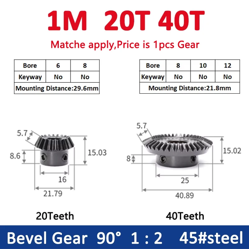 

1PCS 1:2 Bevel Gear 1M 20Teeth 40Teeth Bore 6/8/10/12mm Gear 90 Degrees Meshing Angle Steel Gears 45# Carbon Steel