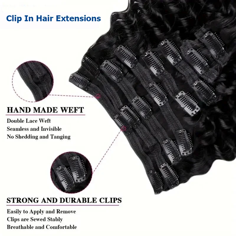 Extensiones de cabello humano rizado brasileño para mujer, Clips sin costuras de onda profunda, Clip de extensión de cabeza completa, cabello Remy, 120g por juego