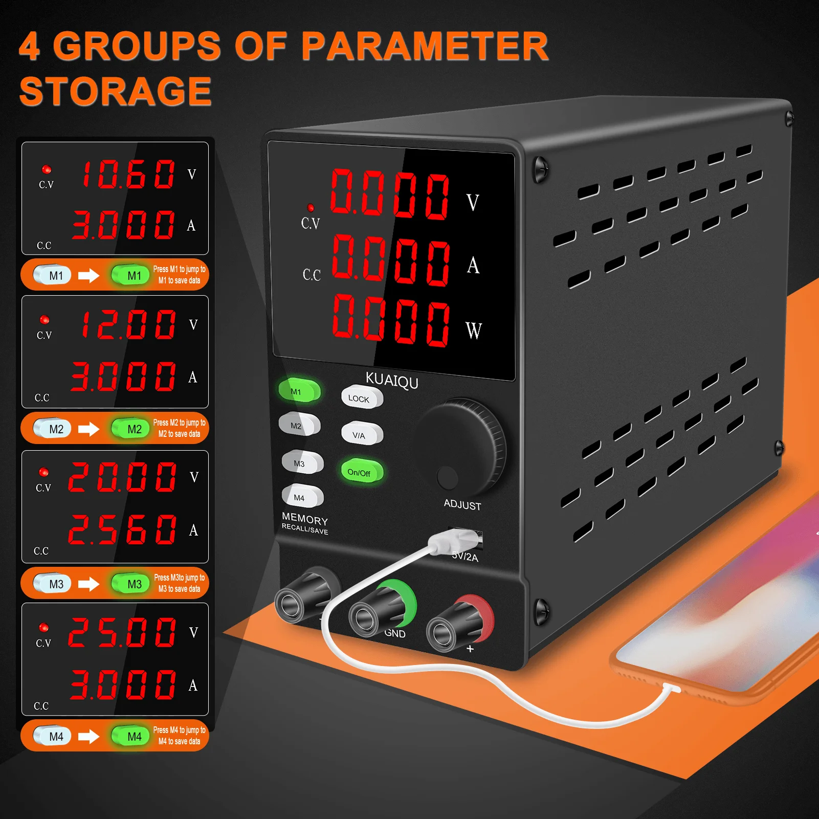 KUAIQU Bench DC Power Supply with 4 Memory Presets (M1-M4) for Quick Recall,30V 60V 120V Programmable DC Power Supply Adjustable