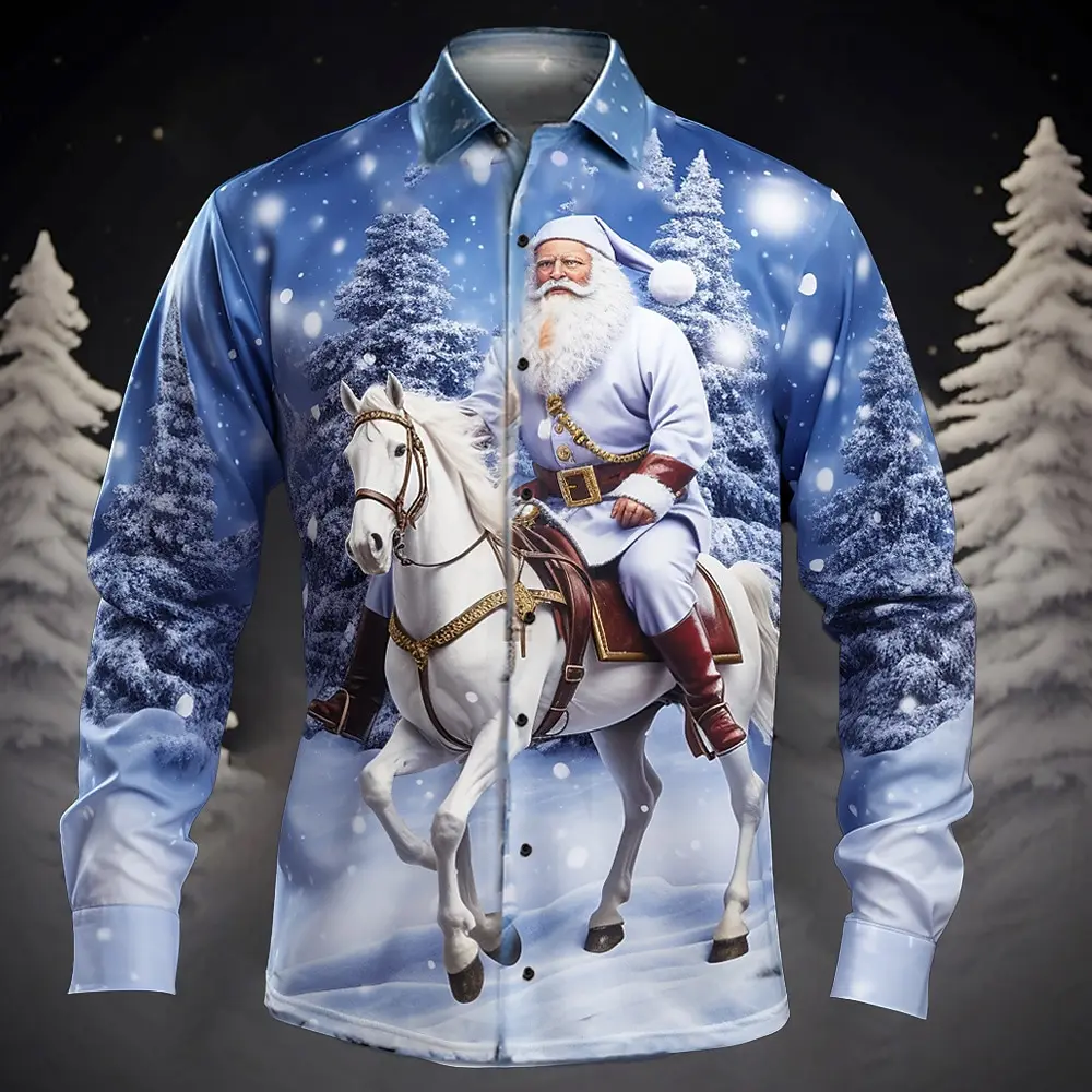 2024 Christmas New Santa Claus Pattern Casual Men\'s Lapel Shirt Outdoor Street Autumn and Winter Shirt Plus Size XS-6XL