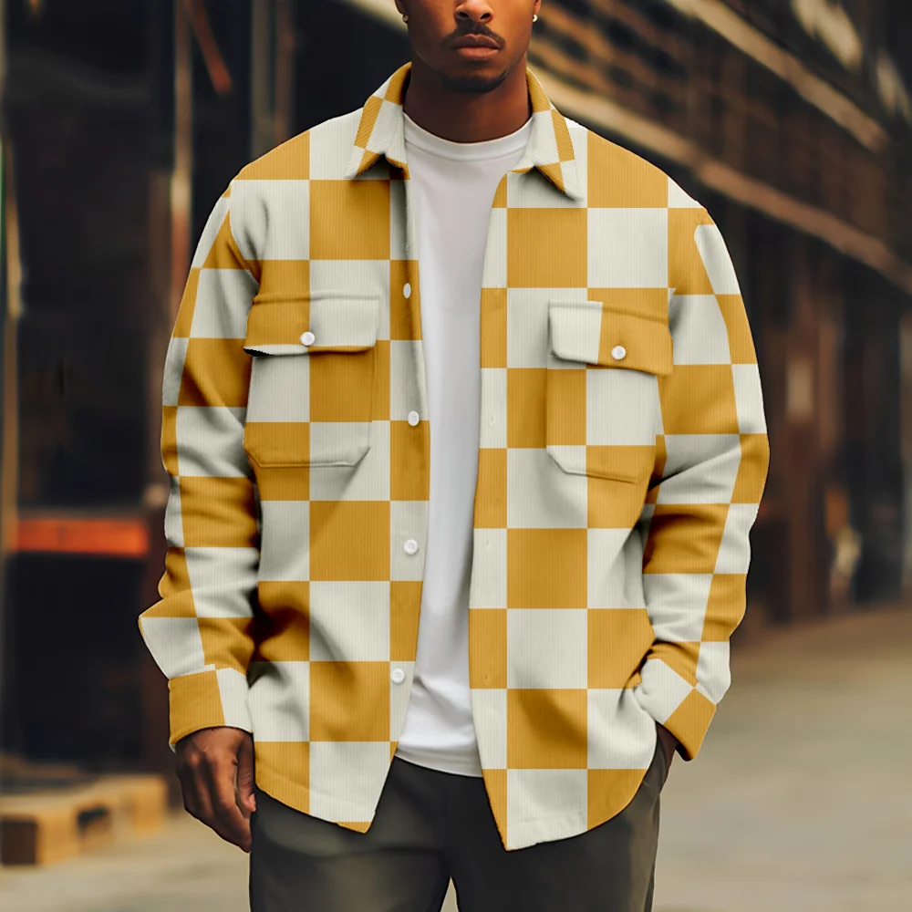 

Cool Men's Jacket Yellow Plaid Patchwork Long Sleeve Turn-down Collar Button Coat Casual Streetwear