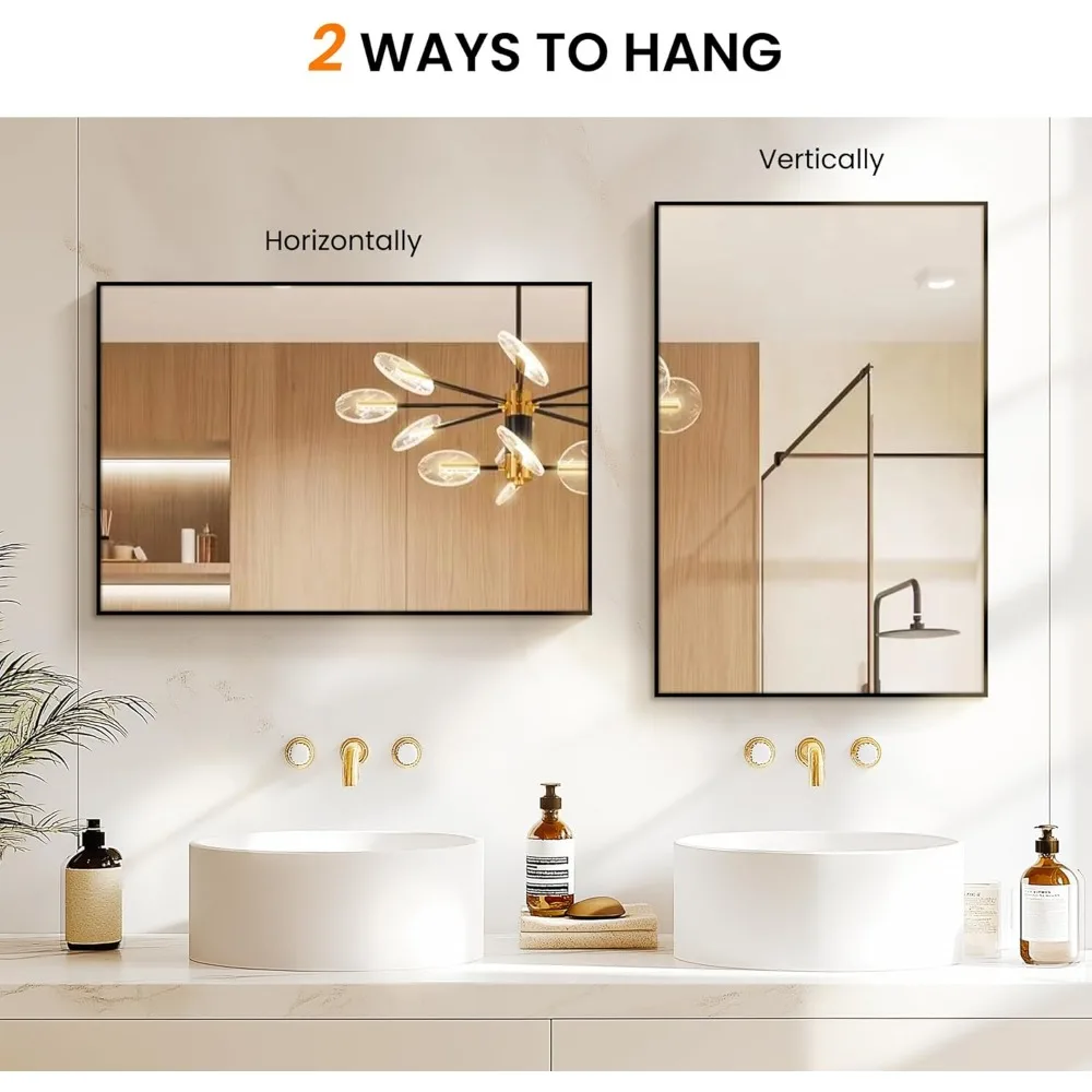 2팩 36x24인치 금속 프레임 욕실 거울, 깨지지 않는 유리, 검정색으로 가로 또는 세로로 걸 수 있음