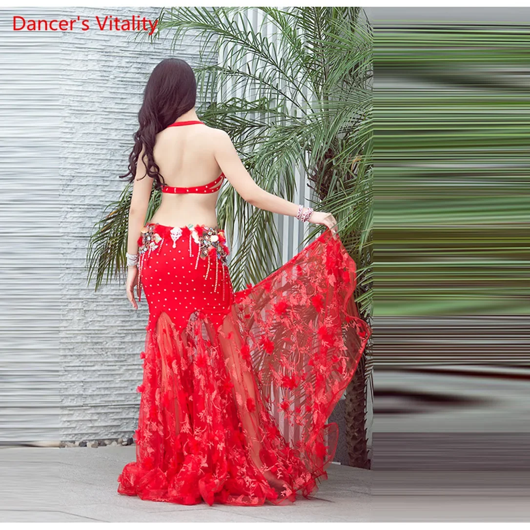 Luxus Diamant orientalischen Tanz Outfit Frauen Stück 2 Leistung Bauchtanz Performance BH langen Rock sexy rot weiß