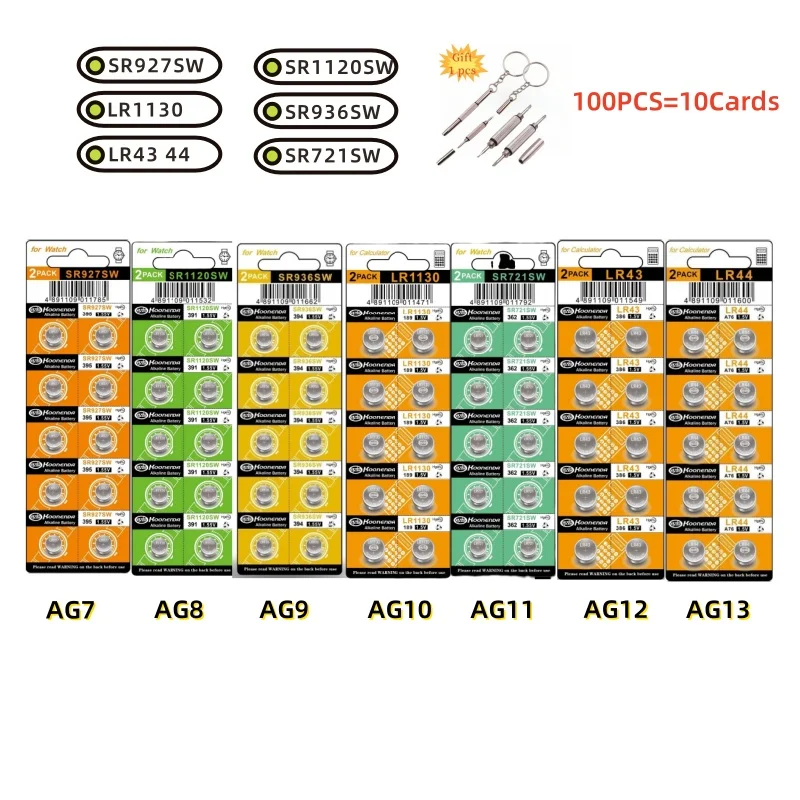 

100Pcs Battery AG13 AG12 AG11 AG10 AG9 AG8 AG7 Button Cell LR44 LR43 LR1130 SR936SW Lithium Coin Battery For Clock toys