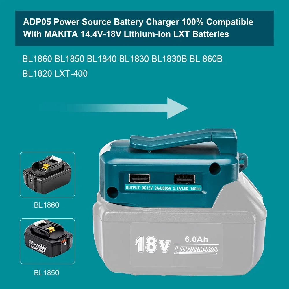 Adapter światła LED lampa robocza telefon komórkowy z USB ładowarka DC 12V wyjście do Makita 14.4V 18V akumulator litowo-jonowy BL1430 BL1830