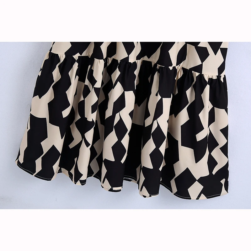 Female Dress Spring Summer New Geometric Print Turn-down Collar High Waist Patchwork Fashion Loose A-line Dress Female Clothing