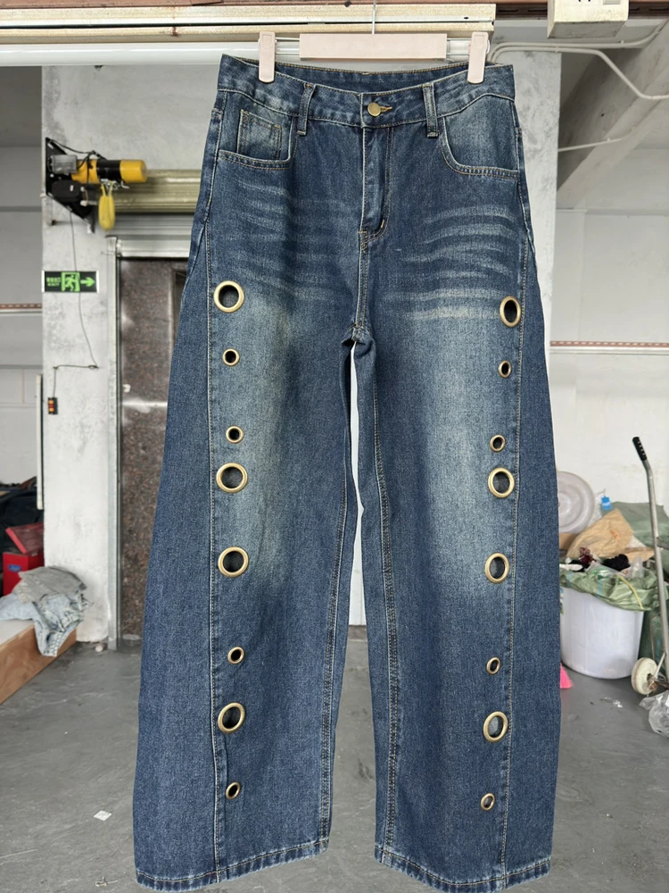 Schicke Y2k-Style Damen High-Waist Wide-Leg Jeans mit Metallösen-Ausschnitten, Hohldesign, Lose Baggy Streetwear Vintage-Hose – Detail 7