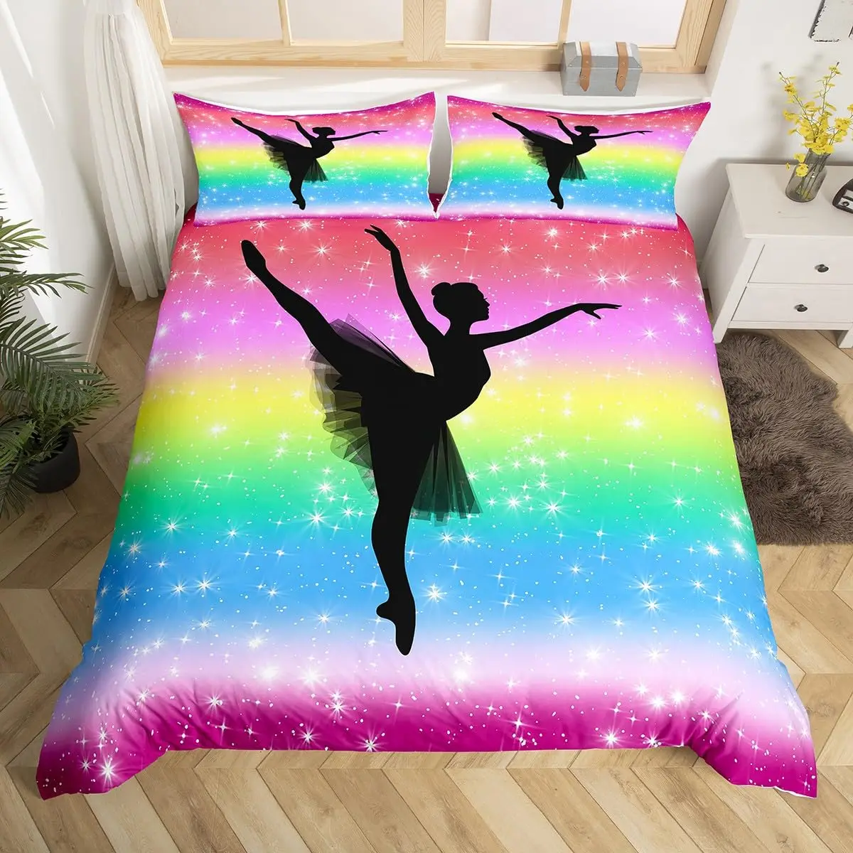 Rainbow Bedding Set for Girls, Ballet Duvet Cover Dancing Ballerina Silhouette Comforter Cover Twin Tie Dye Starry Sky Bed Cover
