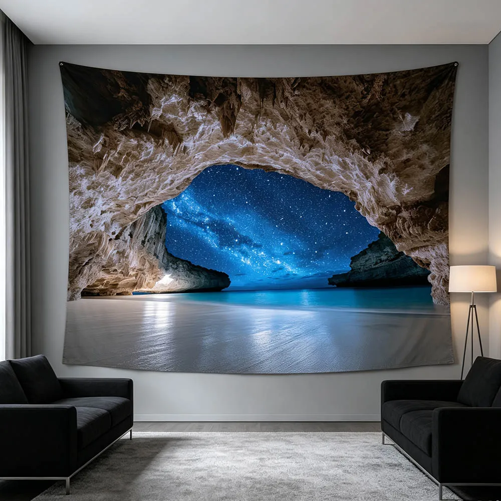 Natural Starry Sky, Sea View, Cave, Printed Tapestry, Home Wall Hanging Fabric, Living Room, Bedroom, Waterproof, Removable