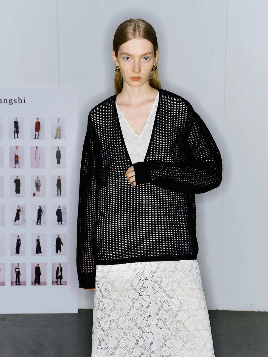 

Женский шерстяной свитер Changi Original Design: ажурный, с глубоким V-образным вырезом, многослойный, роскошный, длинный рукав