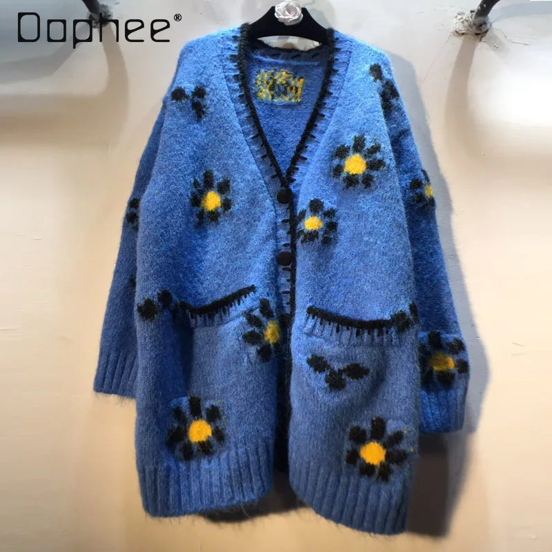 

2025 Autumn New Daisy Jacquard Loose Slimming Mid-Length Thickened Sweater Cardigan Coat for Women Oversized Cardigan
