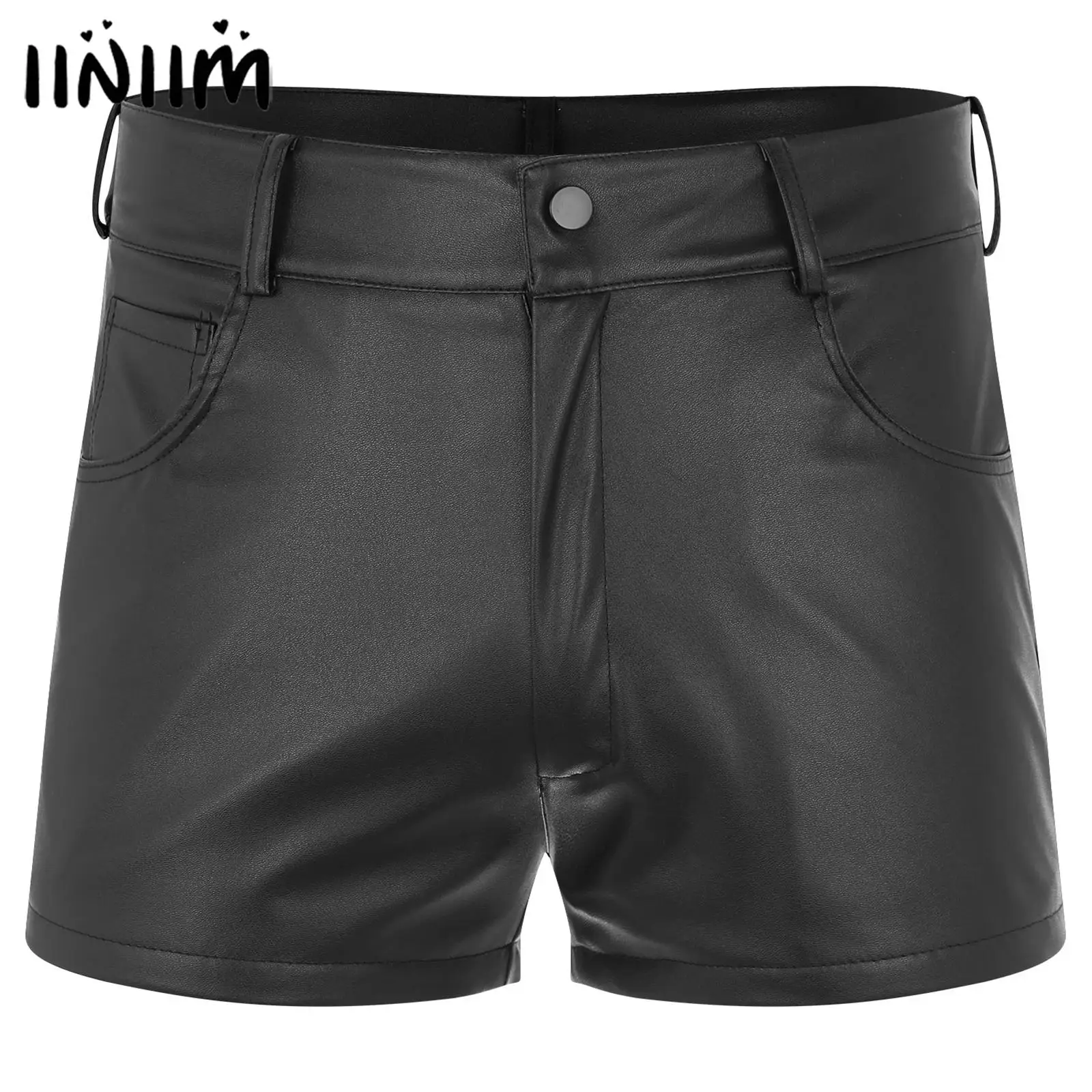 Men’s Fully Lining Latex Boxers Shorts Pockets PU Leather Shorts for Pole Dancing Rave Festival Party Outfit Punk Trunk Clubwear