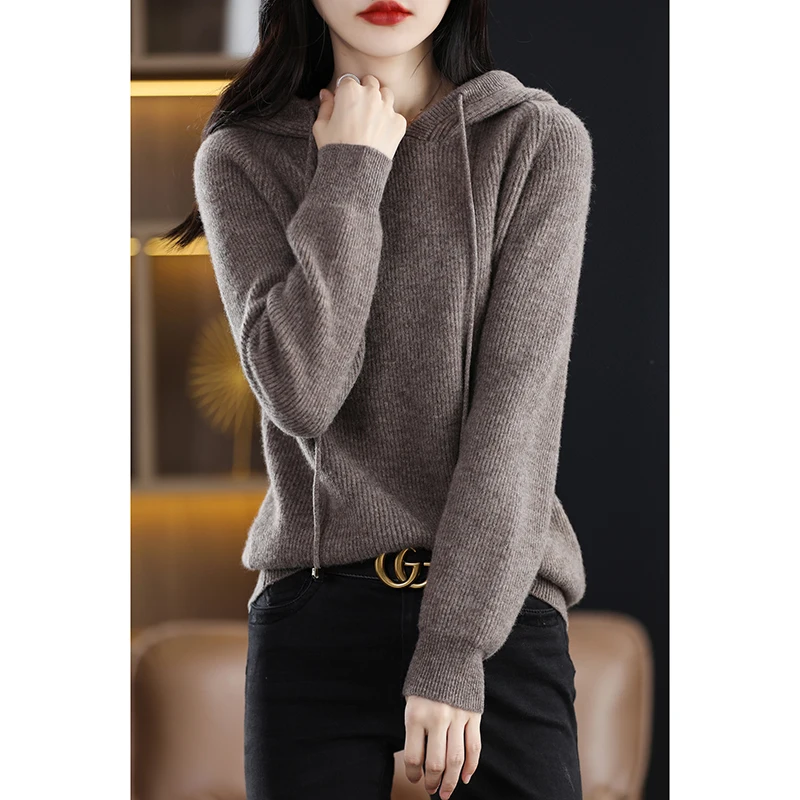 Spring And Autumn Pure Wool Precision High End Fashion Hooded Cashmere Sweater Women\'s Loose And Comfortable Sweater Temperament