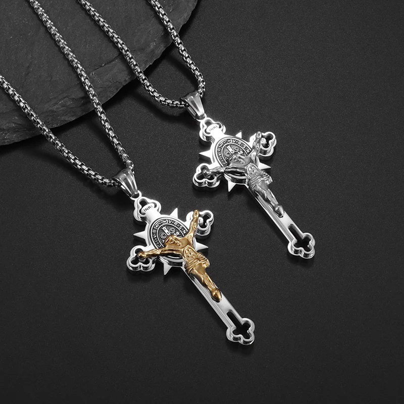 Fashionable Stainless Steel St. Benedict Jesus Cross Pendant Necklace for Men Holy Christian Prayer Amulets for Women Wholesale