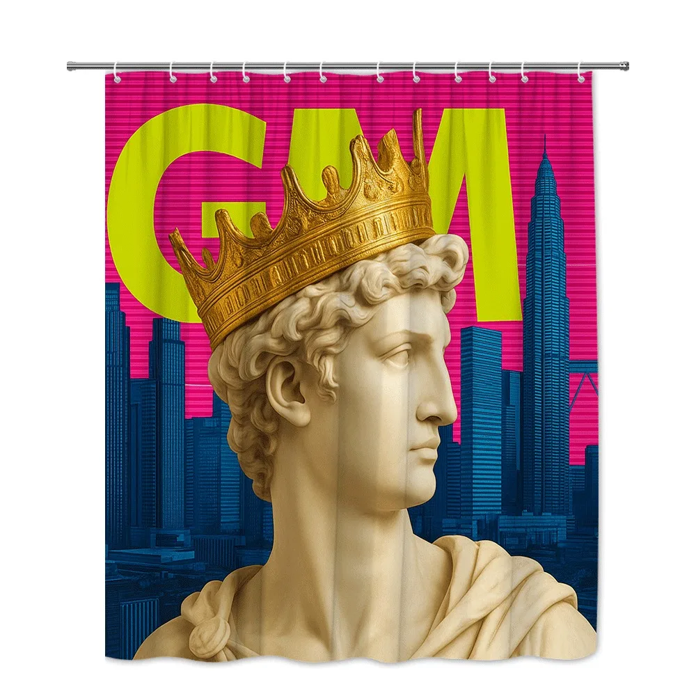Printed Shower Curtain Bathroom Decor Polyester Royal Crown Statue Bust Greek God Style Art Modern Cityscape Background Curtain