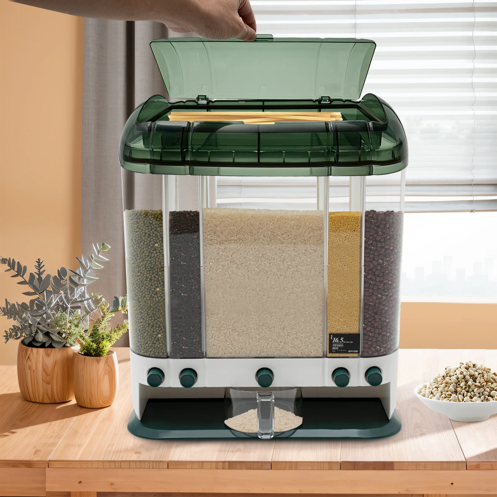 

Rice Dispenser 5 Grids Removable Dry Food Dispenser, Dispenser with Measuring Cup