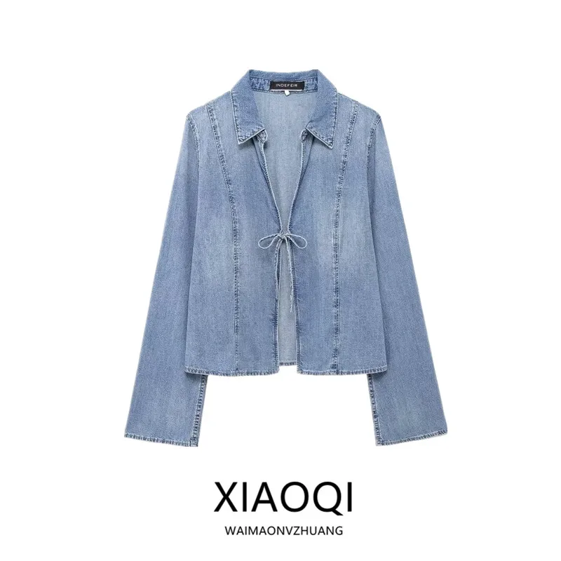 

Summer 2024 Women's Loose Versatile Denim irt Knot Design Casual Faionable Long Sve Stand Fit Premium Qua...