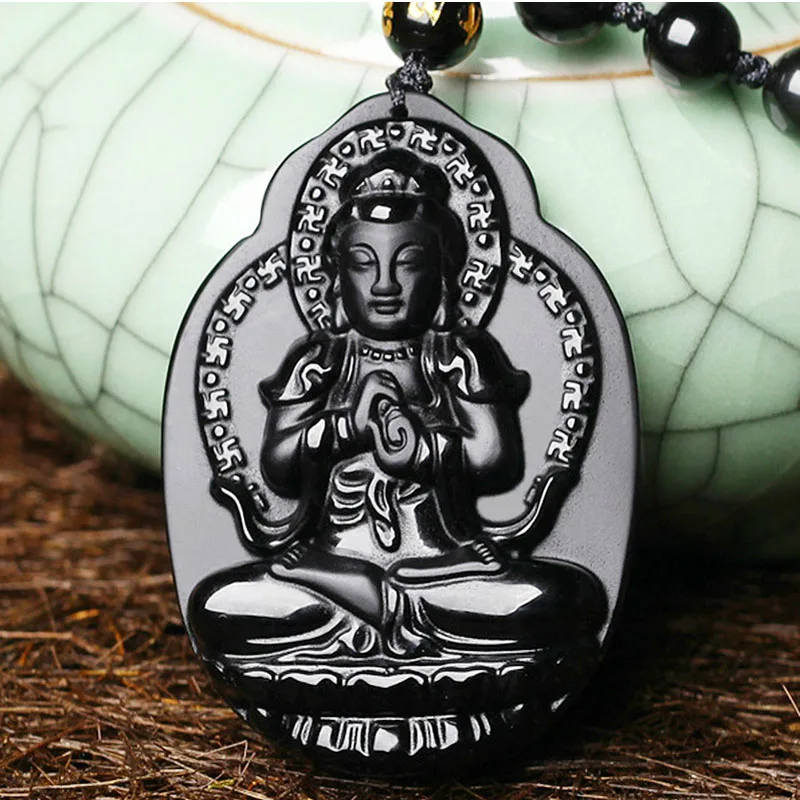 Obsidian Pendant Pendant, Guardian Goddess of Destiny Buddha, Male and Female Necklace