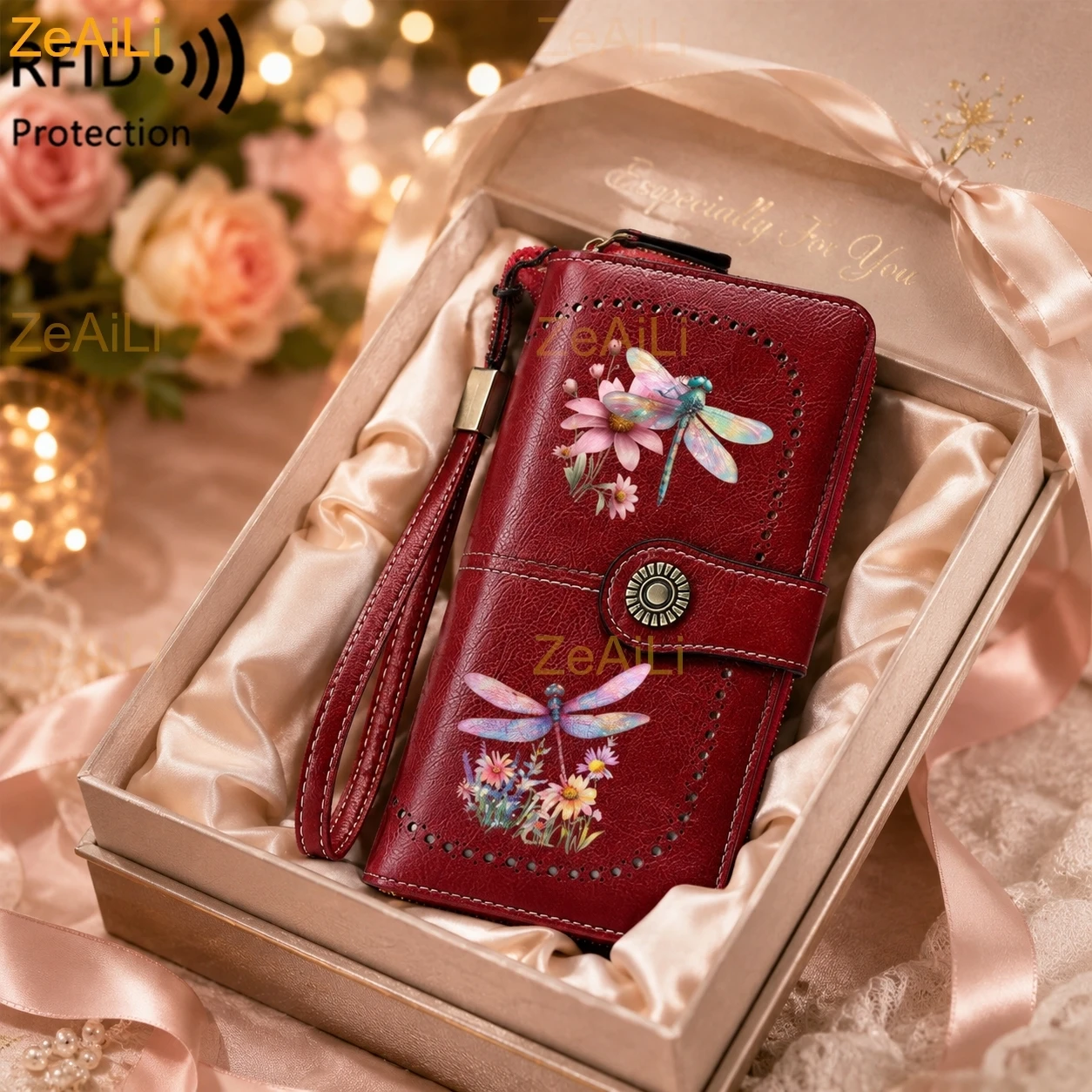 Beautiful Dragonfly And Floral Pattern Wallet for Women RFID Large Capacity Long Wallet Multi-card Purse with Wrist Strap Gift
