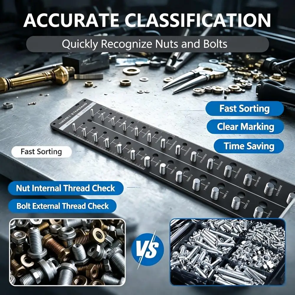 Portable Nut Bolt Thread Identifier Checker Gauge, Metric&SAE Dual Thread Scale, Aluminum Rustproof Base Fastener Measuring Tool