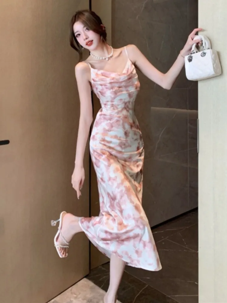 Topanoma Sexy Evening Dresses Women Ink Painting Floral Backless Sleeveless Slim Wedding Party Prom Banquet Elegant Dress Gift