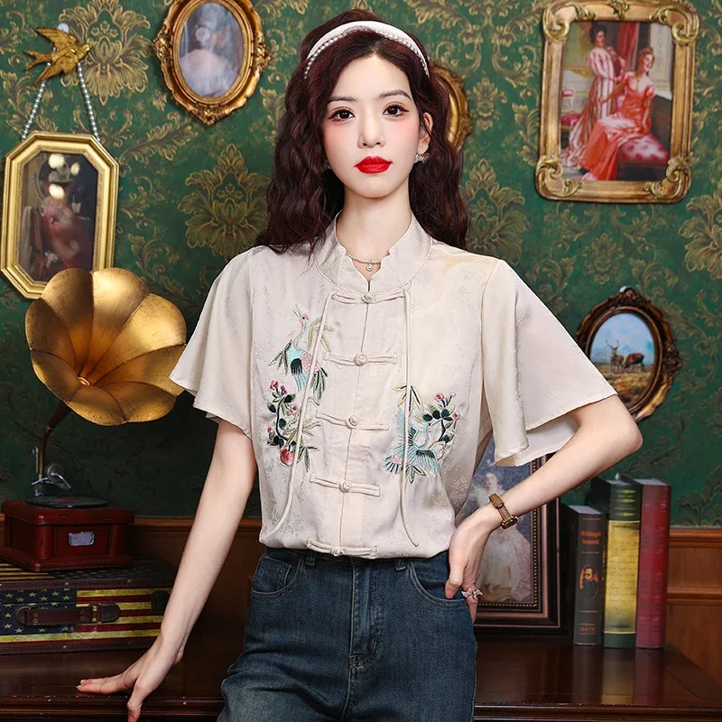 

Satin Chinese Style Women Blouses Summer Silk Women's Shirts Loose Short Sleeves Tops STAND Korean Clothing Sales