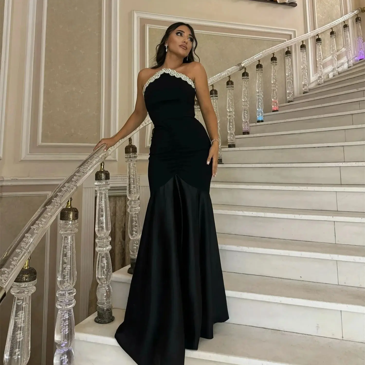 

Black Beaded Long Bespoke Occasion Gown Long Evening Dresses Pastrol Unisex Jersey Retro Dubai Saudi Arabic Prom Customized