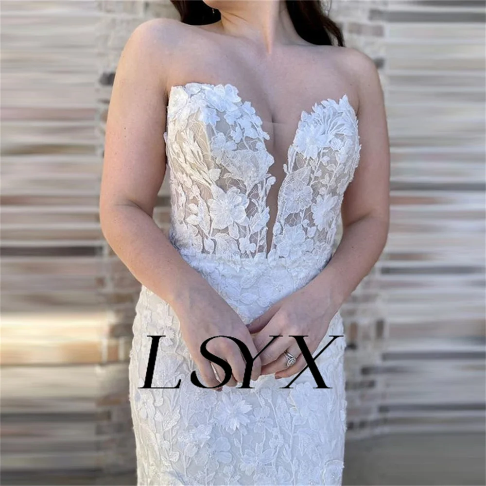 LSYX Maßgeschneidertes, elegantes Illusions-Rücken-Hochzeitskleid im Meerjungfrau-Stil mit Hofschleppe und herzförmigem, ärmellosem Brautkleid mit Applikationen