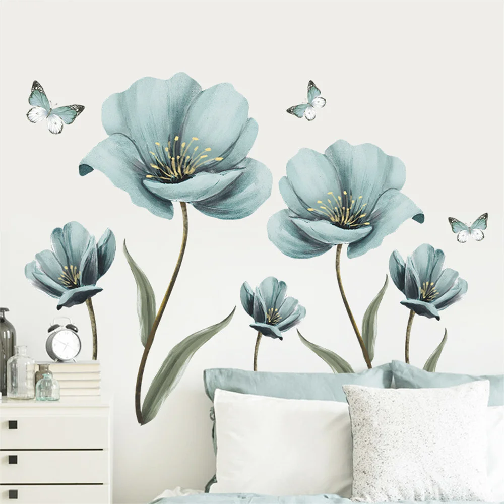 Blue Flower Wall Stickers Removable Decal Stick DIY Art Murals Home Decor for Bedroom Living Room Classroom Office Decaoration