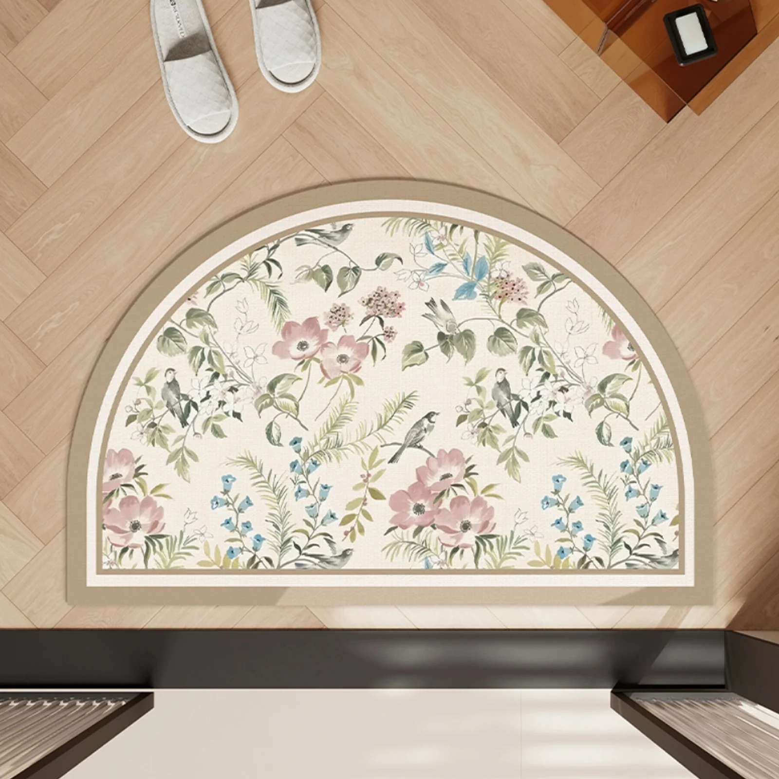 Rubber Bathroom Anti-Slip Floor Mat, Water-Absorbing and Quick-Drying Floor Mat, Half Circular Floral Printed Floor Mat