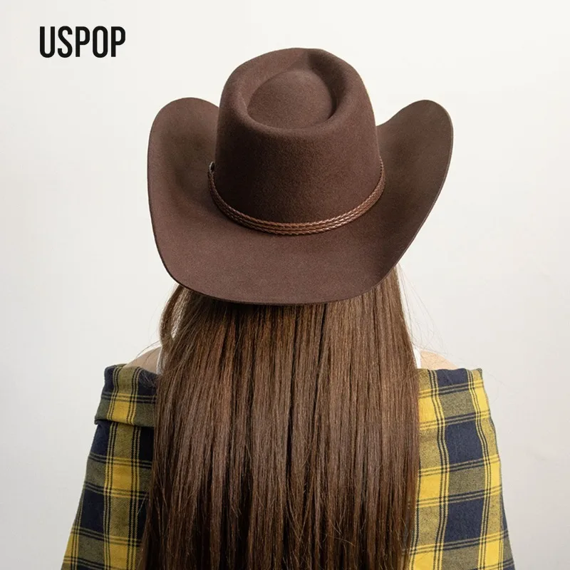 USPOP Western Wool Felt Cowboy Hat for Women and Men, Wide Brim Curved Edge Fedora with PU Rope, 100% Wool Warm Felt Hat