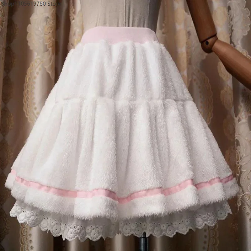 Pleated Fleece Mini Skirt Cosplay Bottoms Women Warm Autumn Winter Sweet Loose Short Skirt Dress Up Outfit Performance Wear