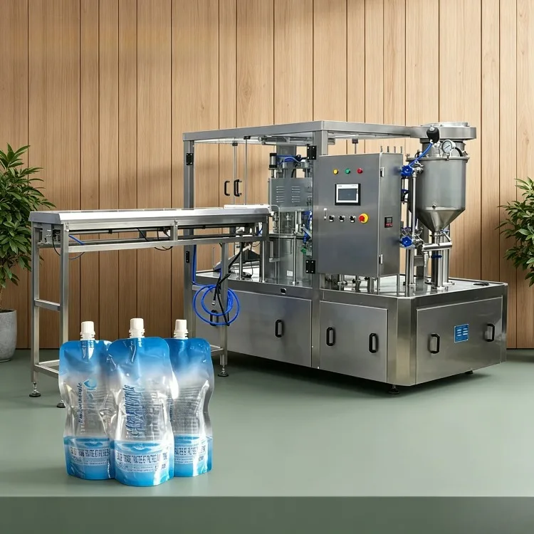 Compliant Automatic Liquid Pouch Filler + Spout Capping Machine | CIP Ready