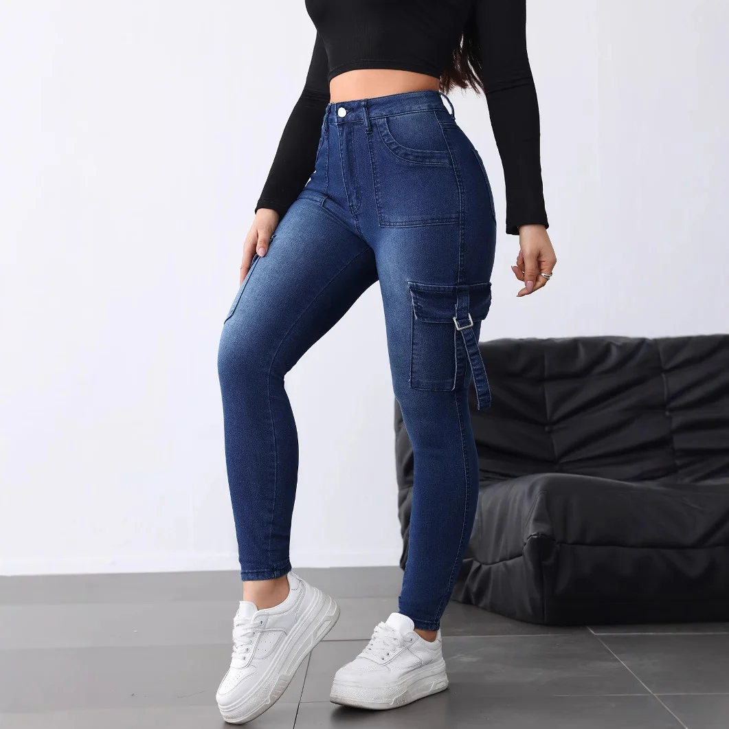 European American Skinny Jeans Fashion Flip Pockets Women's Ankle-Length Denim Pants Versatile Stretch Casual Fit Cargo Pants