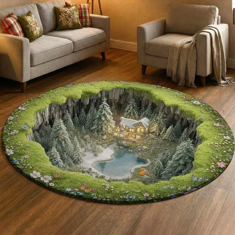 3D Spring Forest Cottage Rug Green Moss Woodland Carpet Cozy Nature Floor Mat Fairy House Rug Spring Landscape Home Decor Gift