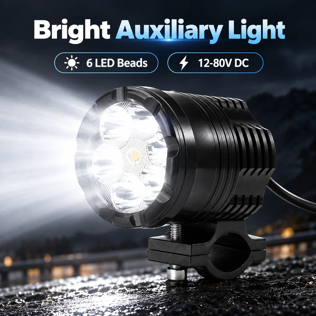 2PCS Motorcycle LED Fog Lights 12-80V 6 LED Auxiliary Driving Spotlights White High Low Strobe Flash 3 Modes with Clamp Mount