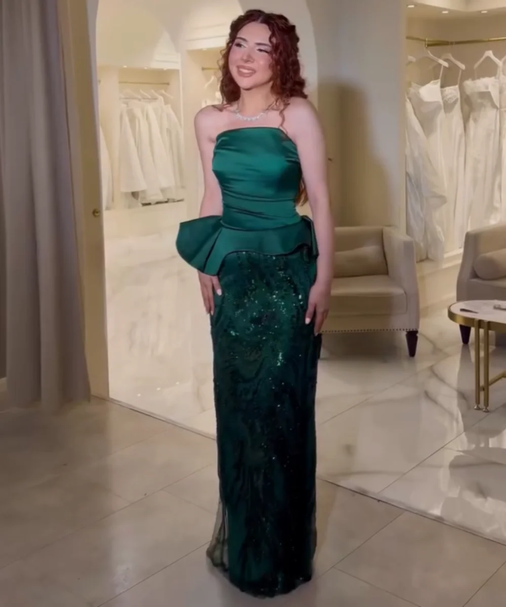 Customized Sparkle Charmeuse Pleat Sequined Straight Strapless Long Bespoke Occasion Evening Dresses Luxury Exquisite