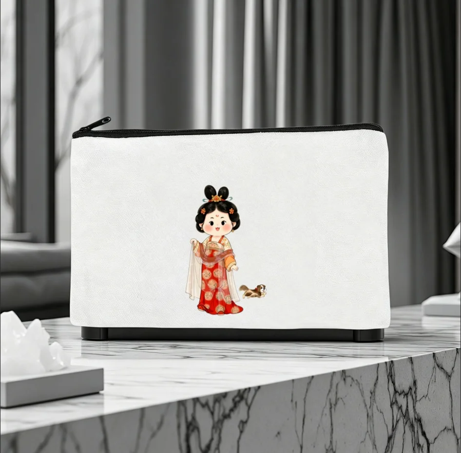 1PC Q Version Chinese Tang Dynasty Beauty Squirrel Print Canvas Cosmetic Bag Portable Zipper Makeup Storage Pouch Oriental Gift