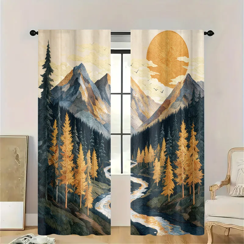 Watercolor Mountain Forest Landscape Window Curtain Panel Boho Bohemian Home Decor Filtered Light Sunny Day Drapery