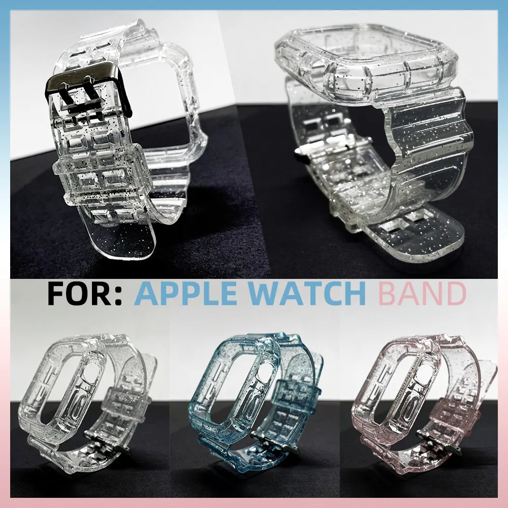 Glitter Band+Case for Apple Watch 41mm 45mm 42 38 44 40 Clear Candy Women Bracelet for iWatch Series 8 7 6 5 4 3 Silicone Strap