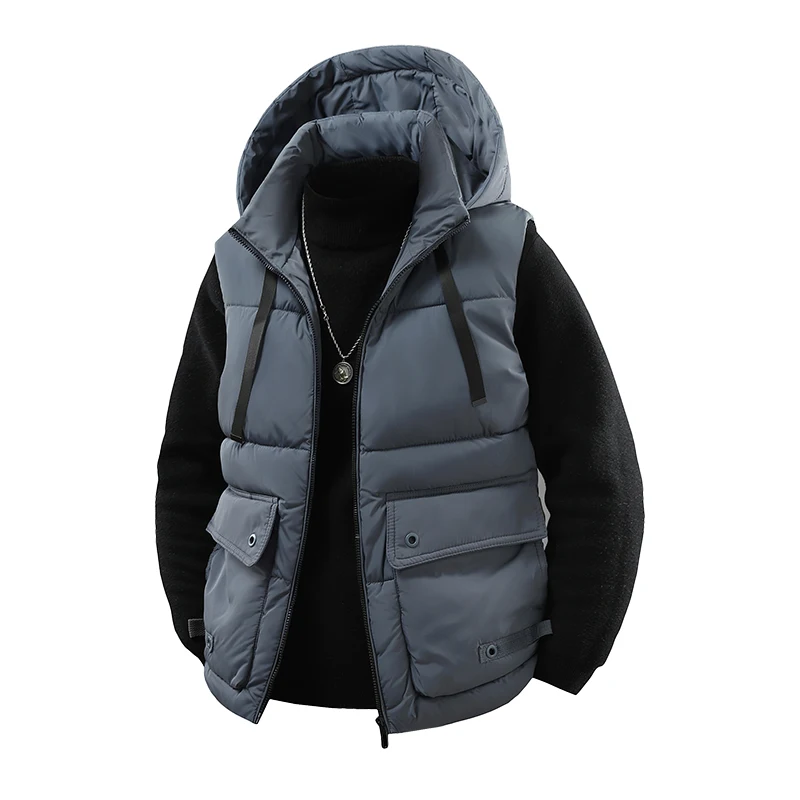 Workwear Down Cotton-padded Jacket Vest Comfortable Sports Vest Detachable Hooded Jacket Thickened Warm Men's Large Pocket Vest