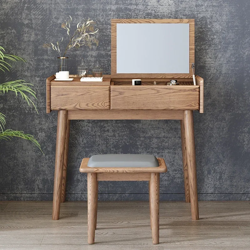 

Nordic solid wood dresser mirror flip simple ash wood modern bedroom storage cabinet integrated makeup table