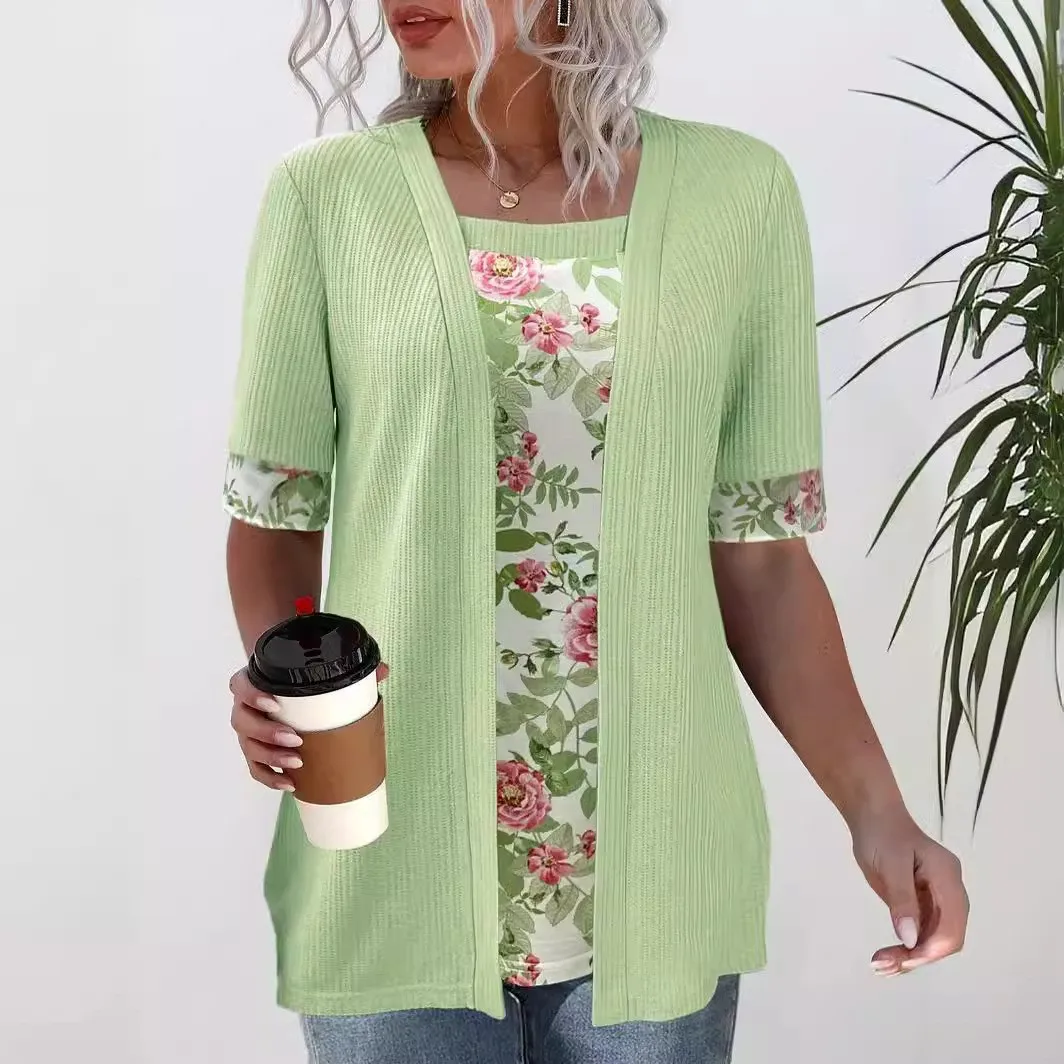 Printed Short Sleeve Top Loose Fit Elegant with Mid Length Square Neck Professional Elegance Patchwork Elegant Style Top Women