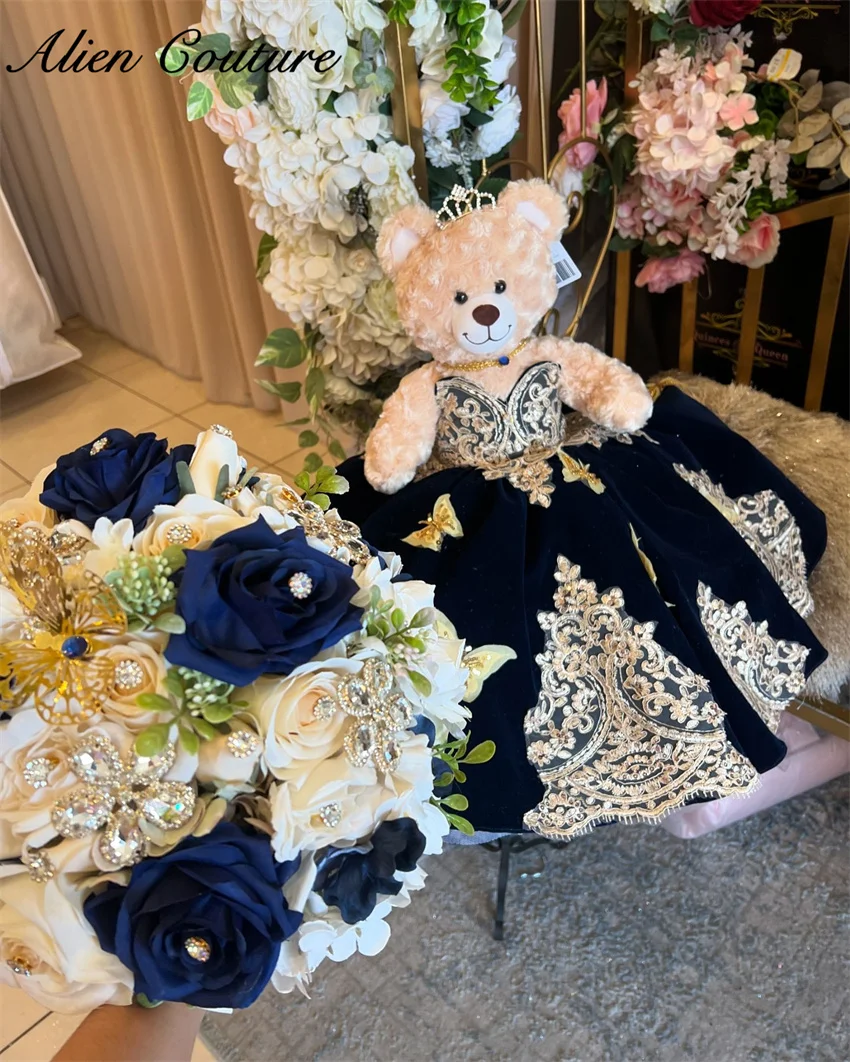 

Navy Blue Special Link For Personalized Quinceanera Teddy Bear Dress Crystal Pearls Gold Appliques Mini Dress Bear Not Included