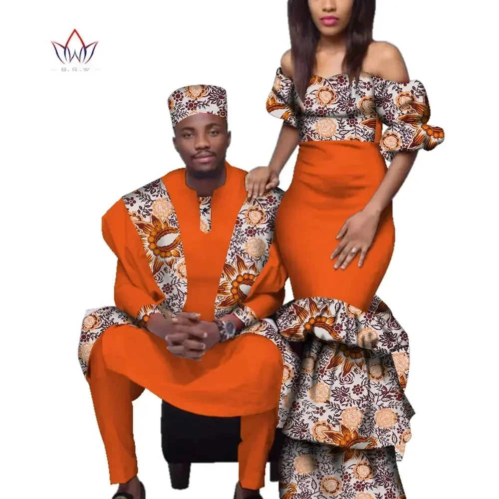 

African Couple Clothes African Dresses for Women Bazin Riche Long Dresses African Men Print Gown Top and Pants WYQ221