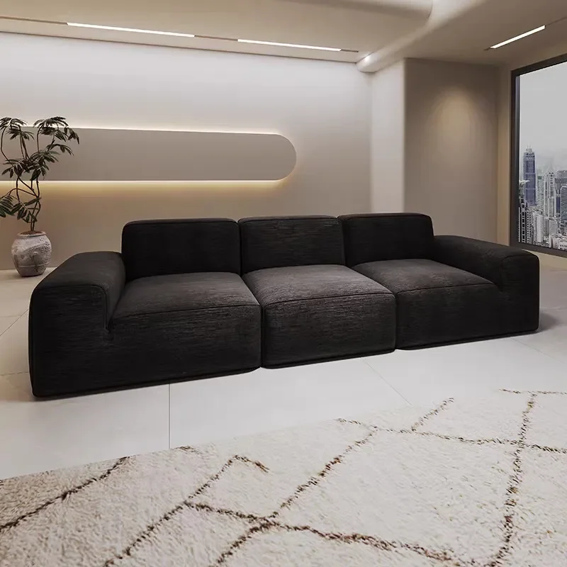 Vacuum Compressed Chenille Fabric Sofa Tofu Block Design Large Black Cowhide Sponge Frameless Living Room Furniture for