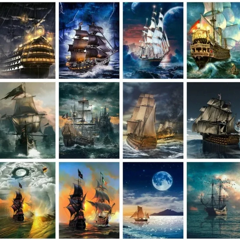 

Full Kits Diamond Painting Sailboat Landscape Handmade Needlework Wall Decor Gift Embroidery Scenery Sea Night,frameless