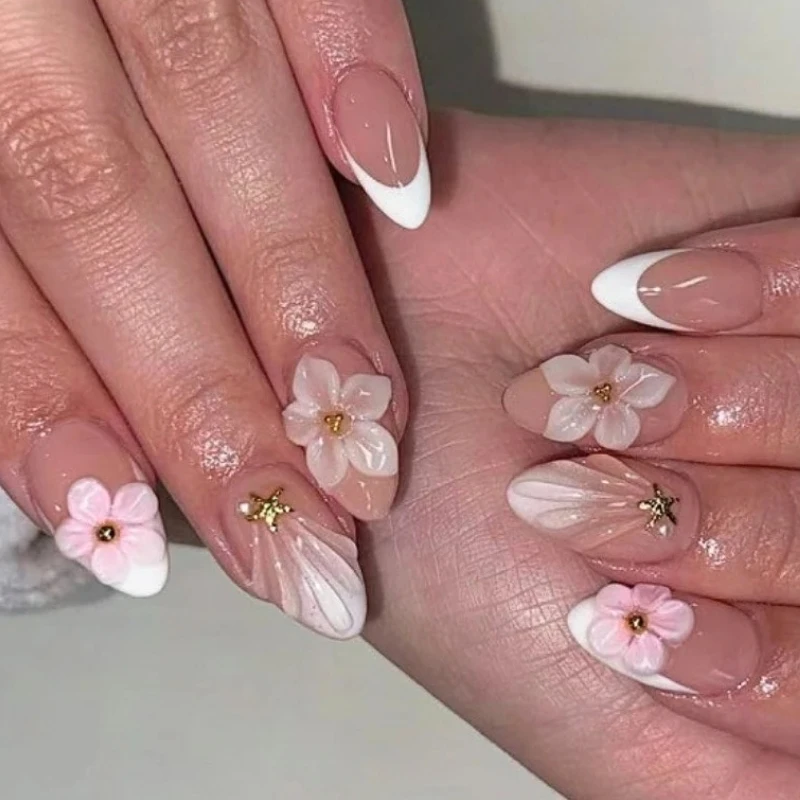 

Flower Metal Star Ripple Almond False Nails Bowknot Pearl Leopard Snake Pattern Long Pointed Fake Nails Art Press on Nails Tools