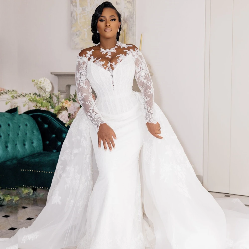 Robe de Mariée Sirène à Manches sulfavec Traîne Amovible, Corset en Dentelle, Ivoire, pour Patients Africains, Tout Personnalisé